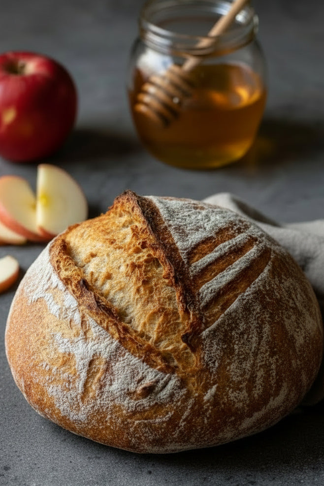 A rustic loaf of sourdough on a concrete surface wrapped in linen towel. Baked in the kitchen of Nystrom Orchard in Worthington Minnesota.
