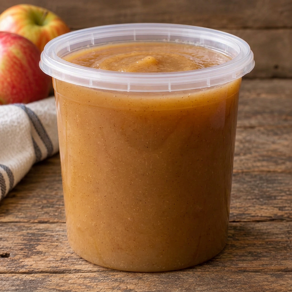 Quart Container of applesauce on a rustic wooden table with a bowl of apples behind it. Made in the kitchen of Nystrom Orchard in Worthington MN.