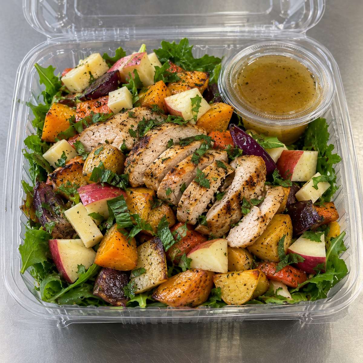 Grilled chicken salad in a clear plastic container with a lid, served on a bed of greens with diced potatoes, apples, and a small cup of dressing on a stainless steel surface.