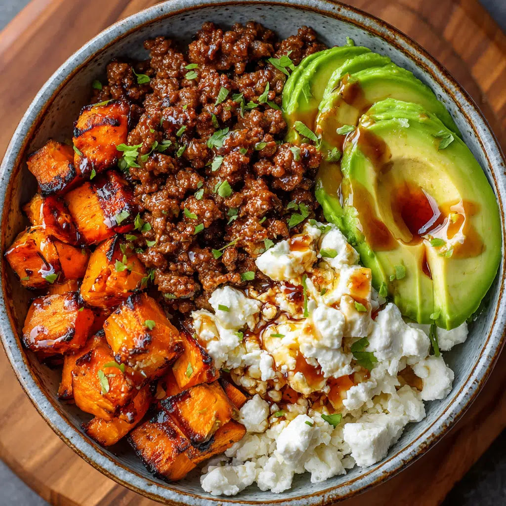 Protein bowl with roasted sweet potatoes, seasoned ground beef, cheese, avocado with a hot honey drizzle on a wooden surface. Made in the kitchen at Nystrom Orchard in Worthington Minnesota.