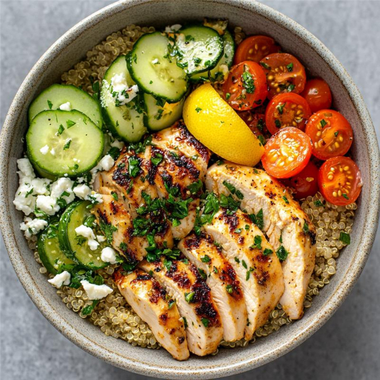 Bowl of fluffy rice, herbed chicken breast, tomatoes and cucumber. Made in the kitchen at Nystrom Orchard in Worthington Minnesota.