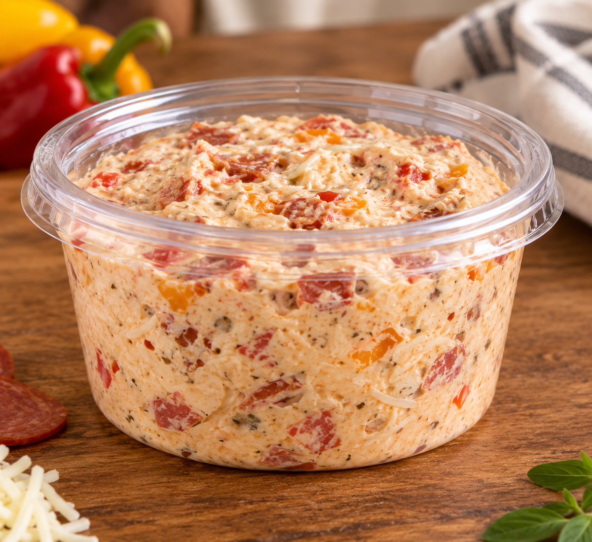 8 oz deli container with a lid filled with pizza dip on a wooden surface with peppers, shredded cheese, pepperoni, and a towel in the background. Made in the kitchen of Nystrom Orchard in Worthington Minnesota.