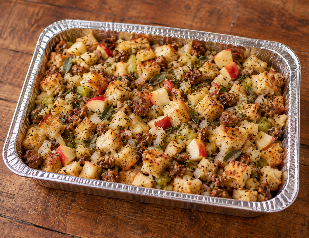 A foil pan of baked stuffing or dressing on a rustic wooden table. The dish is filled with cubed bread, sausage, apple pieces, celery, herbs, and spices. Made in the kitchen of Nystrom Orchard in Worthington MN.