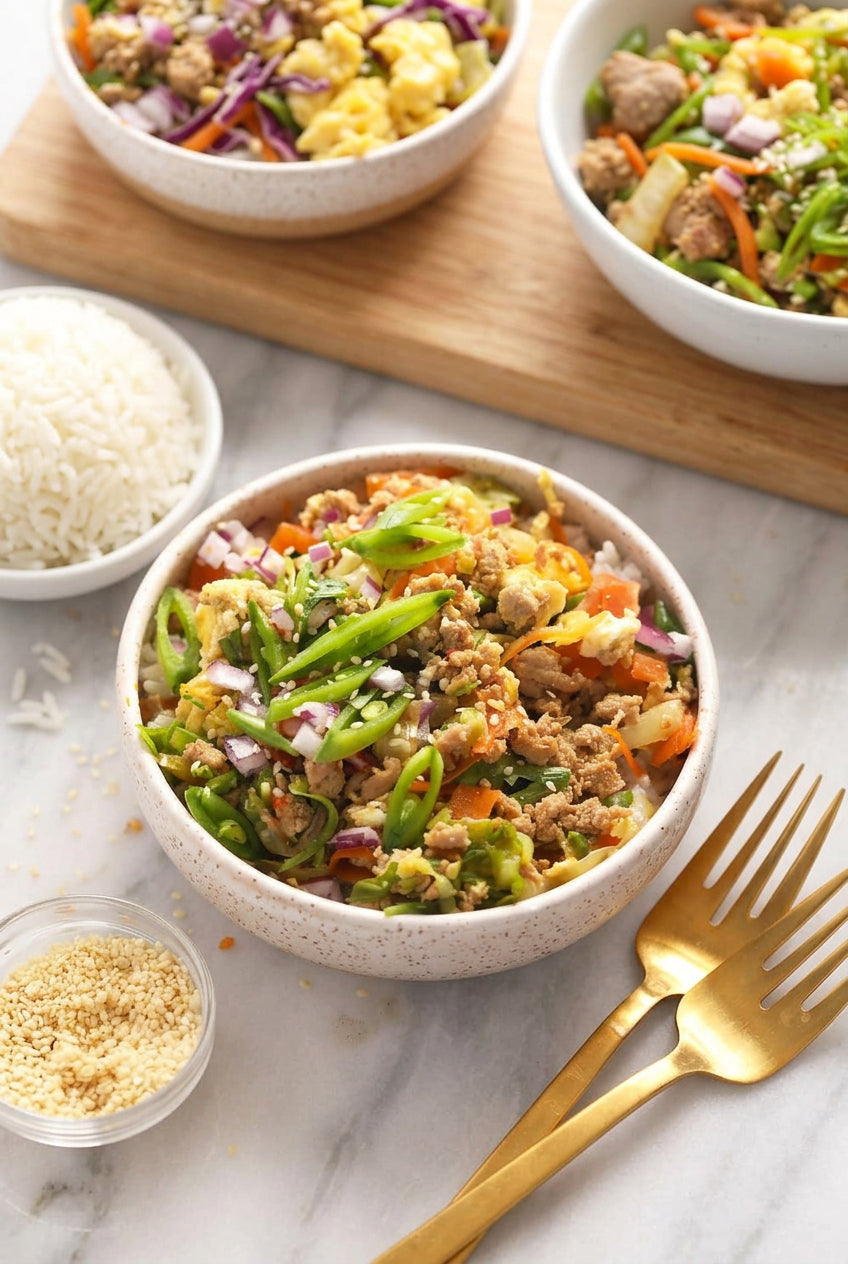 A close-up of a prepared food dish in a speckled white bowl, showing a colorful salad or grain bowl with ground meat, greens, diced vegetables, and garnish. Two additional bowls and gold forks are partially visible in the softly blurred background on a light marble surface. Made in the kitchen of Nystrom Orchard in Worthington MN.