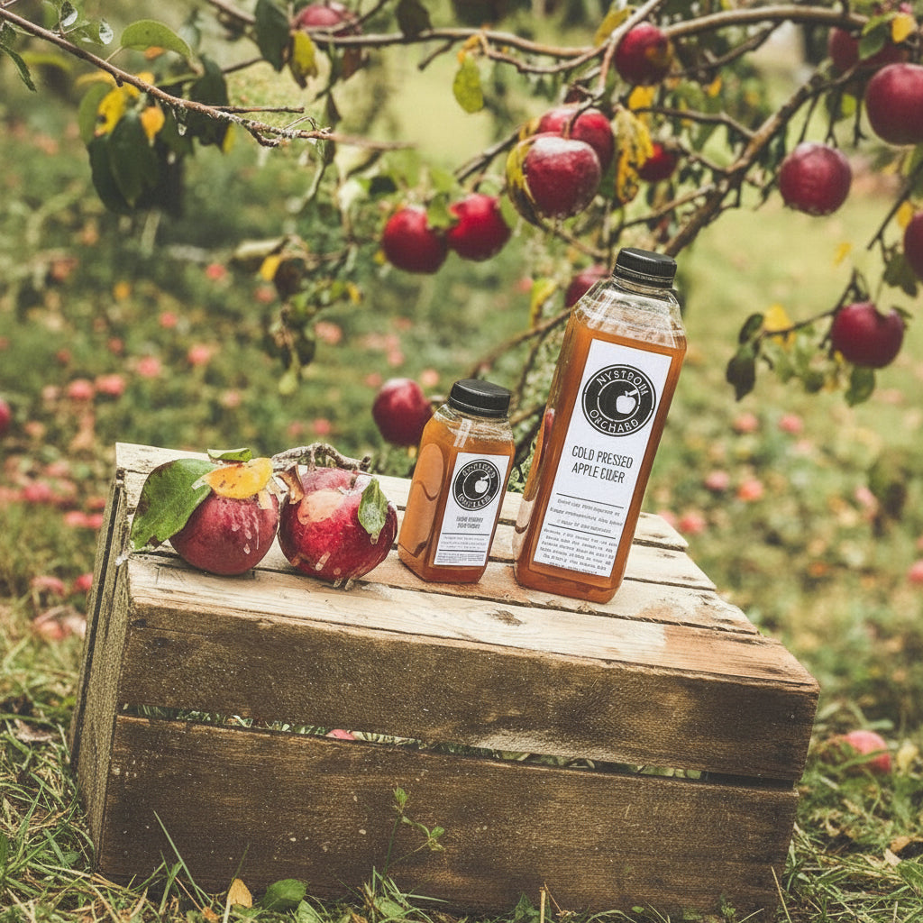 2 bottles of cold pressed apple cider sitting on a crate in an orchard. The apples are all covered with ice like there was sleet. Cider pressed in the kitchen of Nystrom Orchard in Worthington Minnesota.