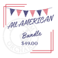 Promotional graphic for 'All American Bundle' with American flags and price on a white background.