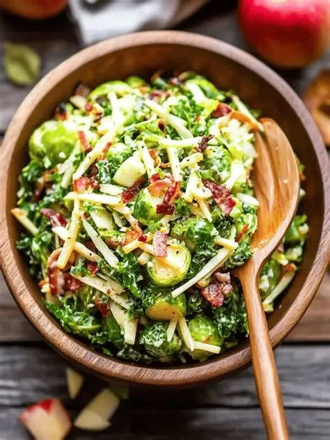 A close-up overhead shot of a wooden bowl filled with a green salad containing Brussels sprouts, shredded cheese, and bacon bits, with a wooden spoon resting inside the bowl on a dark rustic table.