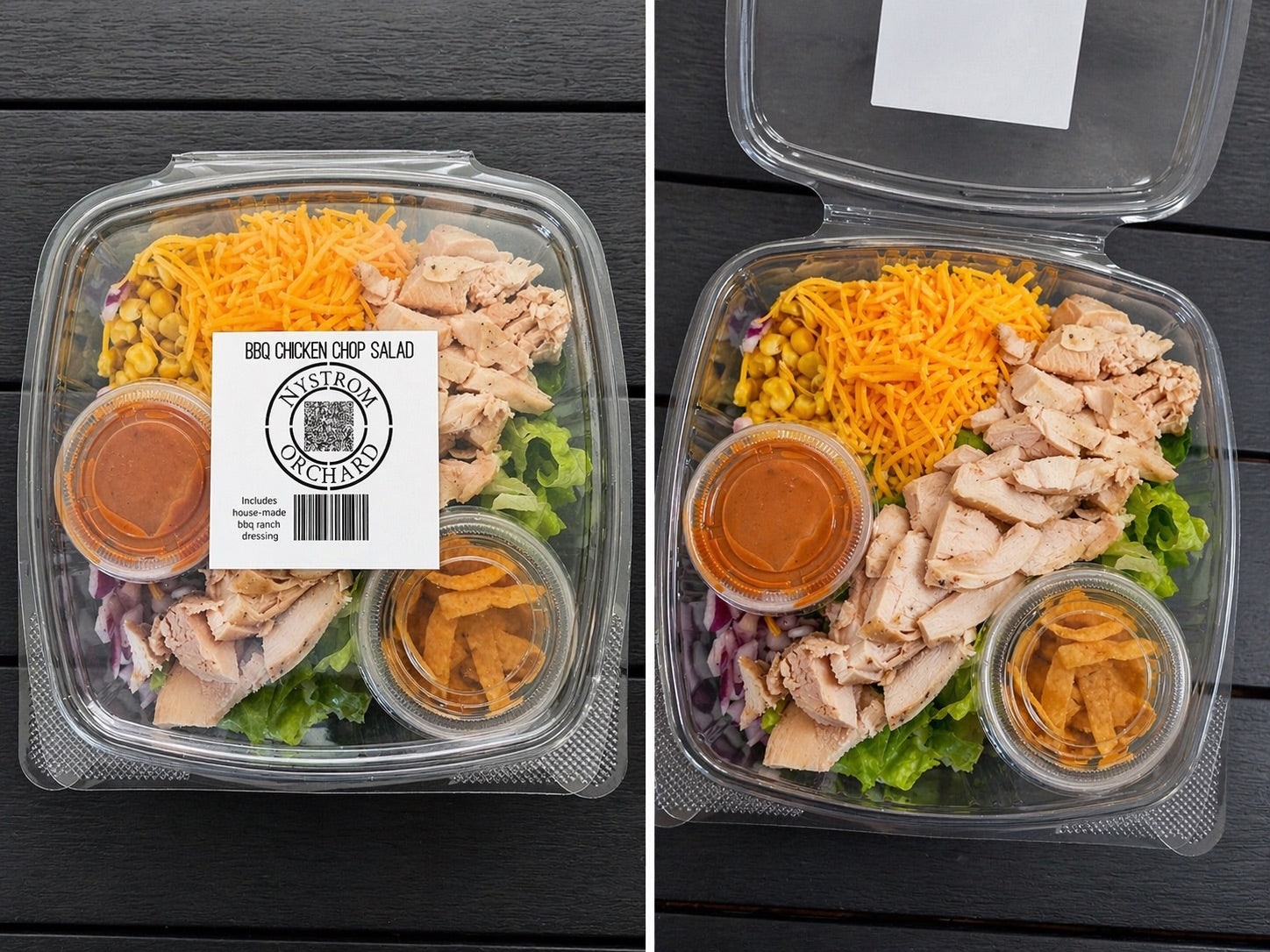 BBQ chicken on a salad that includes lettuce, cheddar cheese, corn, red onion, corn chips and a side of house made bbq ranch dressing in a clear plastic take out container on a wooden surface. Made in the kitchen at Nystrom Orchard in Worthington Minnesota. 