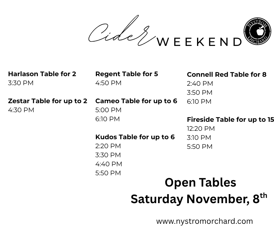 Schedule of tables for a cider event with times and names on a white background. Hosted by Nystrom Orchard in Worthington Minnesota.