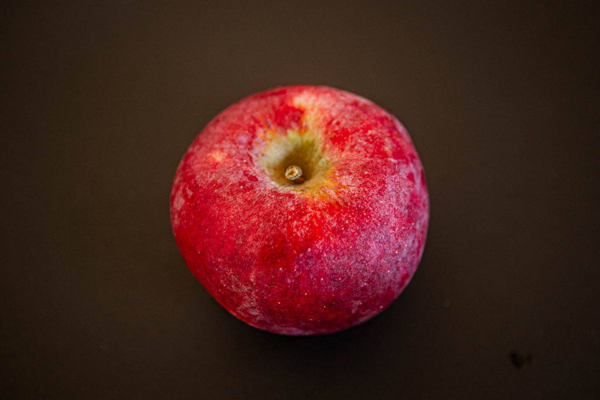 A single red Cortland apple with a crisp white flesh visible at the stem end, displayed against a dark background. Picked in Nystrom Orchard in Worthington Minnesota.