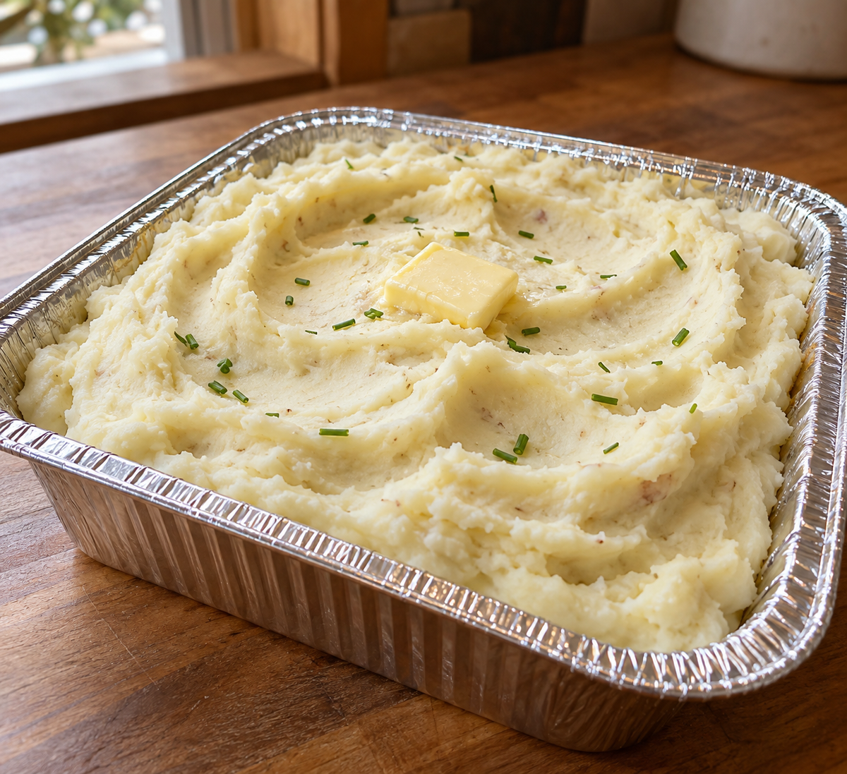 Foil pan full of mashed potatoes with a pat of butter on top. Setting on a wooden surface. Made in the kitchen of Nystrom Orchard in Worthington MN.