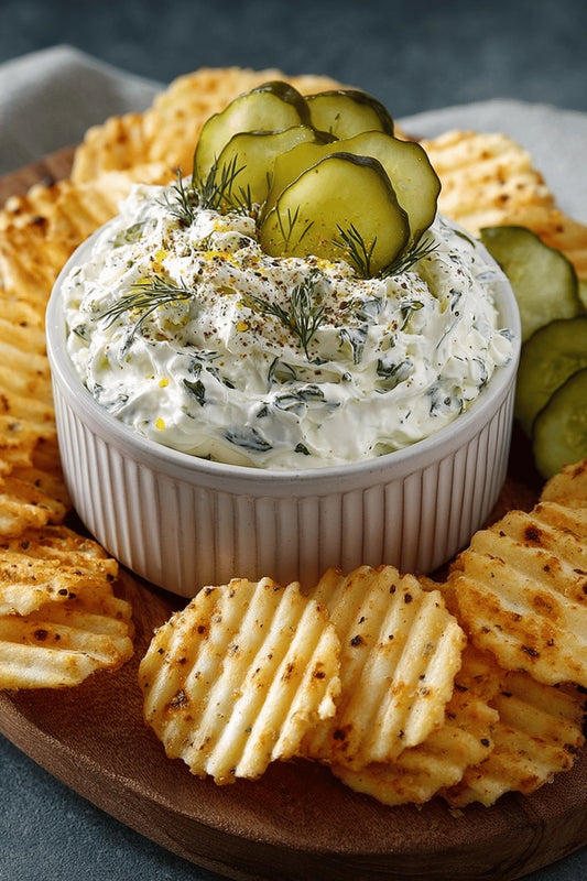 Fluffy whipped cream cheese with ranch seasoning powder, mayo, dill pickles, and dill. Perfect for chips, pretzels or fresh vegetables. Made by Nystrom Orchard in Worthington Minnesota.