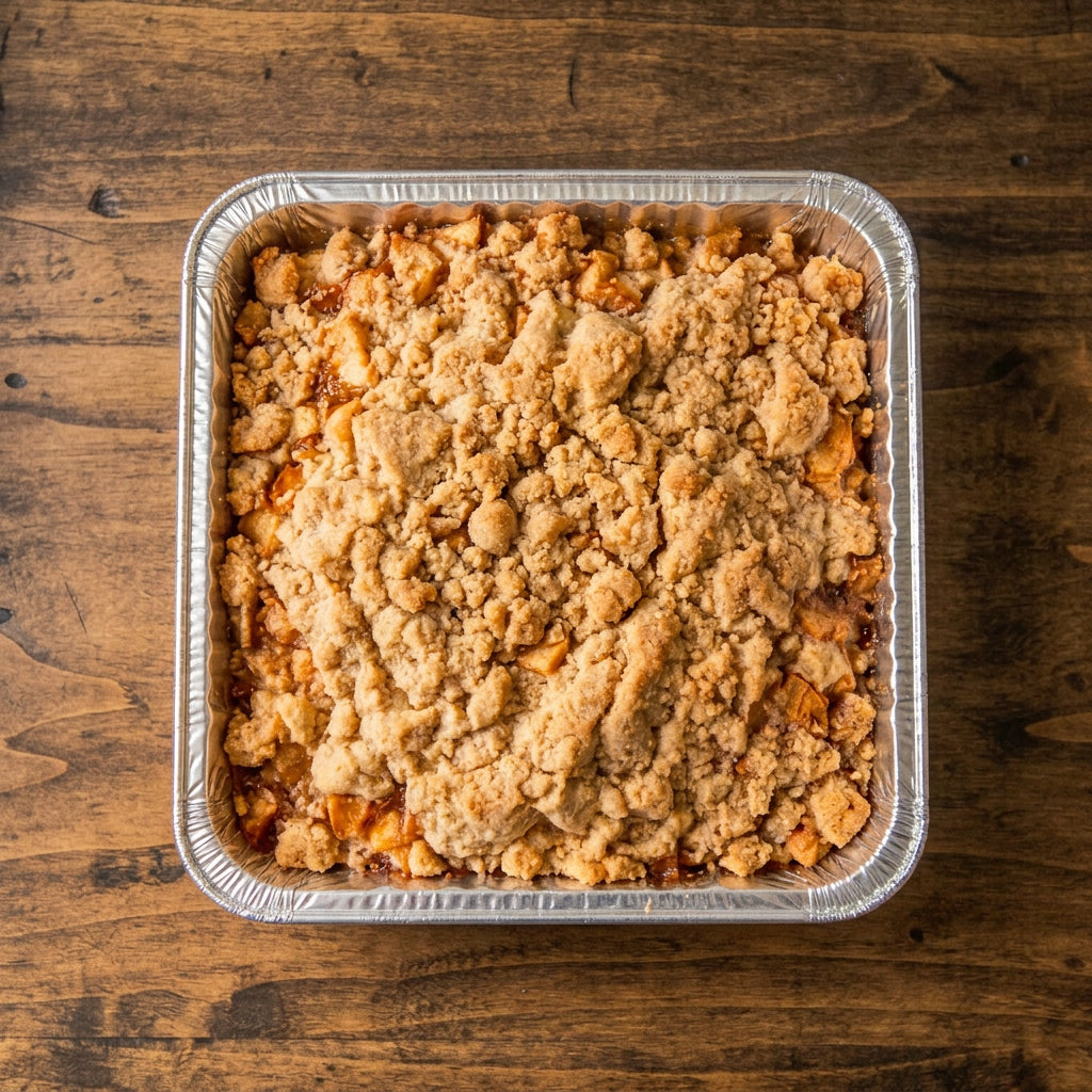Escalloped apples with a cracker topping in a foil pan on a wooden surface. Made in the kitchen of Nystrom Orchard in Worthington MN.
