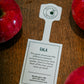 Tag of a Gala apple with product information, surrounded by the apples on a wooden surface. Apples picked at Nystrom Orchard in Worthington Minnesota.