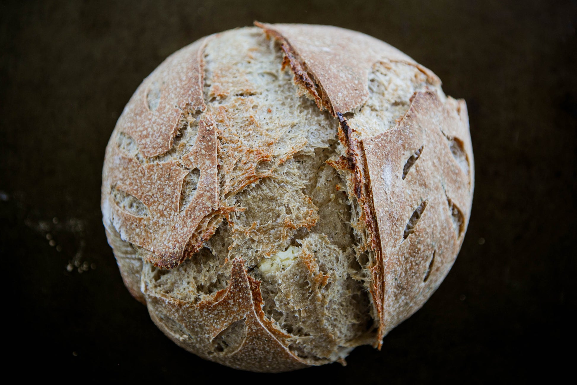 Artisan loaf of garlic dill cream cheese sourdough bread on a dark surface. Baked in the kitchen of Nystrom Orchard in Worthington Minnesota. 