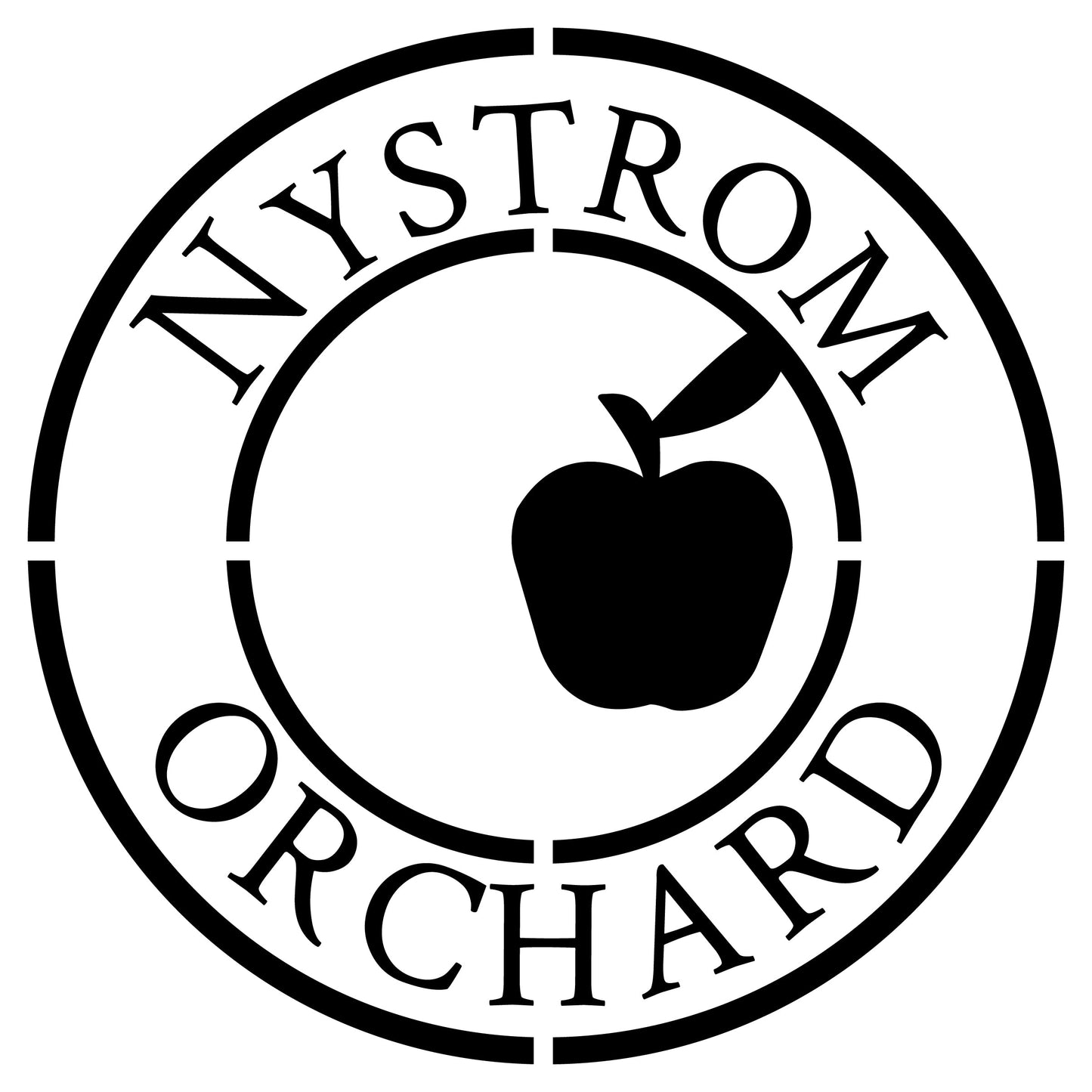 Digital gift card from Nystrom Orchard featuring a black and white design with an apple and the orchard's name.