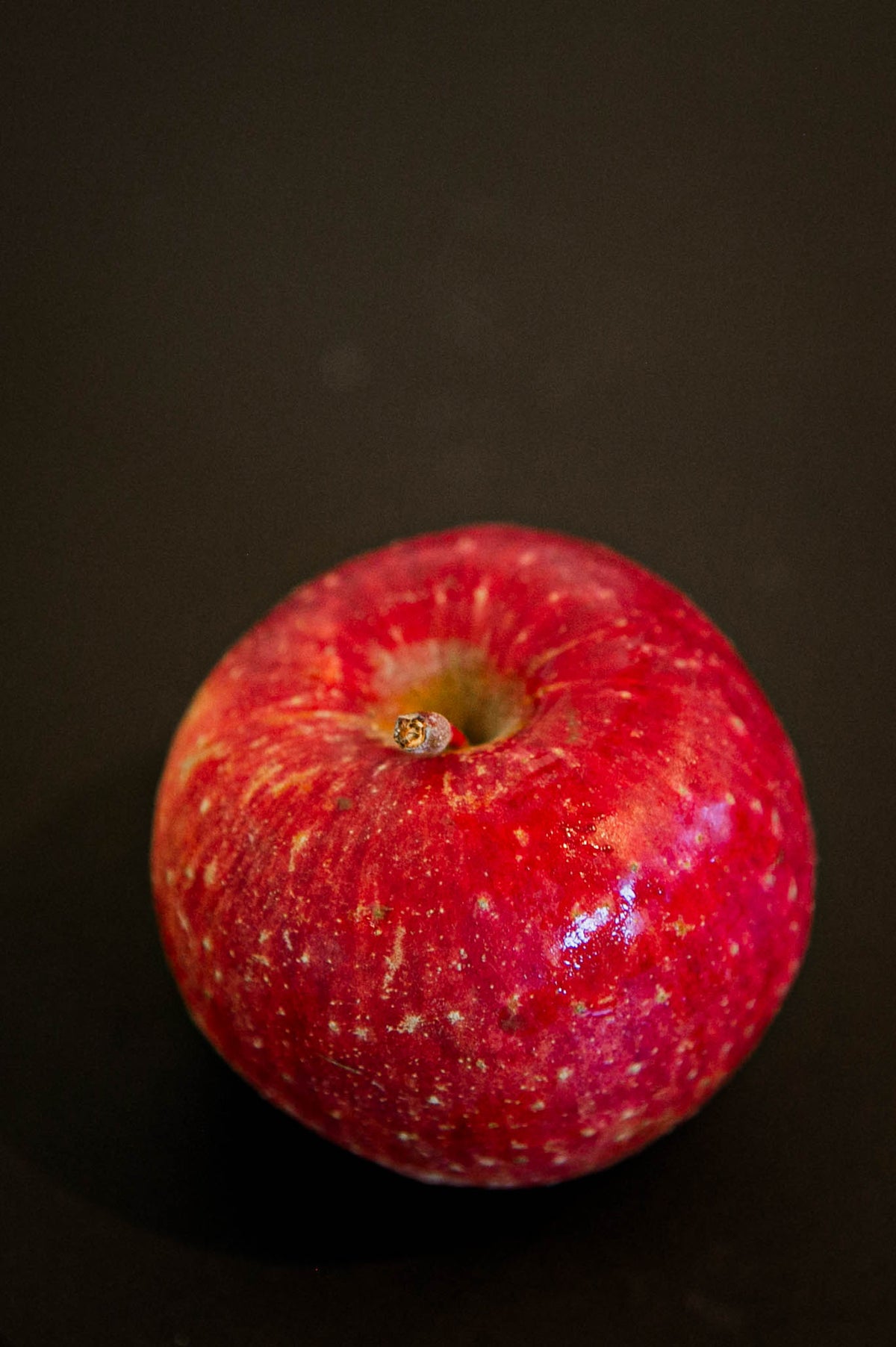 A single red apple with a slight pinkish hue and natural patterns, displayed against a dark background. Picked at Nystrom Orchard in Worthington Minnesota.