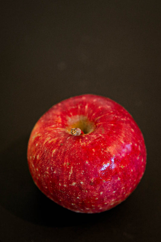 A single red apple with a slight pinkish hue and natural patterns, displayed against a dark background. Picked at Nystrom Orchard in Worthington Minnesota.