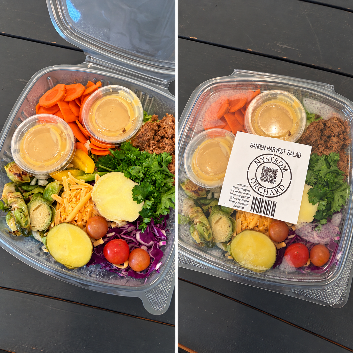 Two views of a clear salad container with greens, veggies, cheese, meat, and dressing cups, made in the kitchen of Nystrom Orchard.
