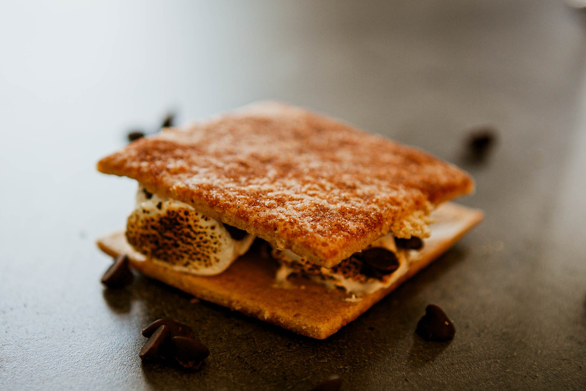 Homemade Smore with homemade sourdough graham crackers, toasted marshmallows and chocolate chips scattered on a dark background. Made in the kitchen of Nystrom Orchard in Worthington Minnesota.