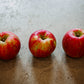 Three honeycrisp apples setting in a row on a concrete surface. Picked at Nystrom Orchard in Worthington Minnesota.