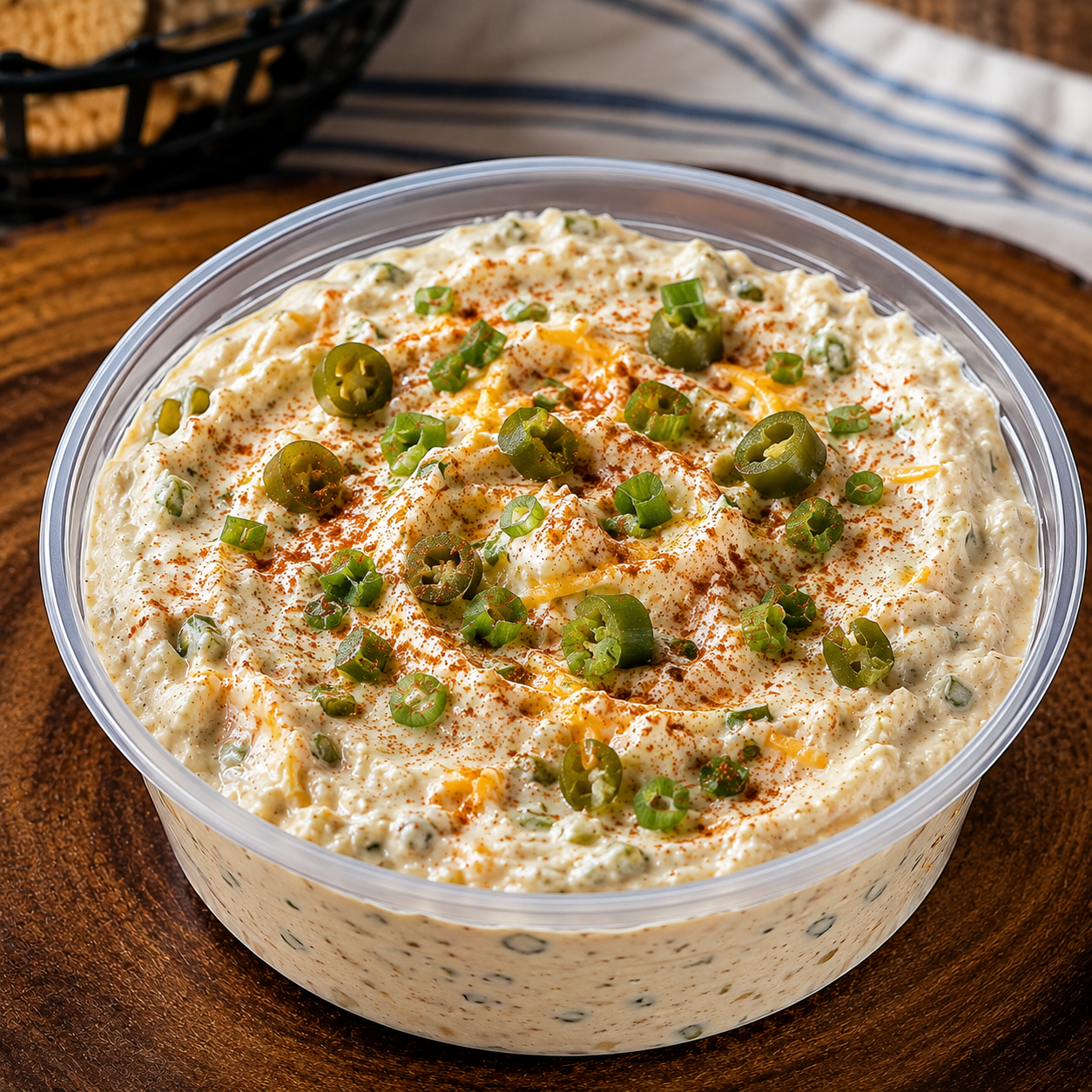 Fluffy whipped cream cheese with cheddar cheese, pickled jalapenos, green onion, and mayo. Made by Nystrom Orchard in Worthington Minnesota. 