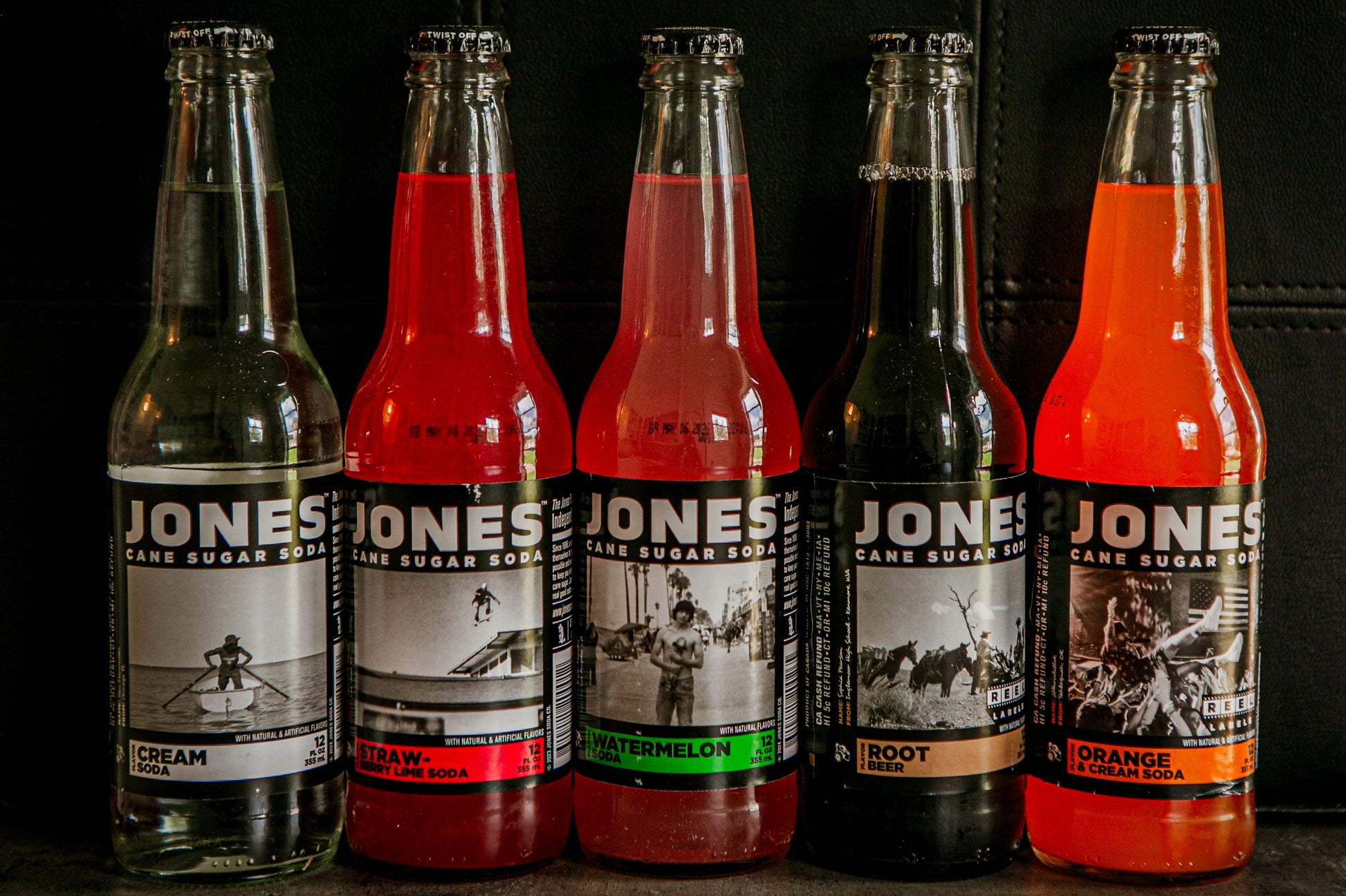 Jones soda selection on a dark surface. Sold in the store of Nystrom Orchard in Worthington Minnesota.