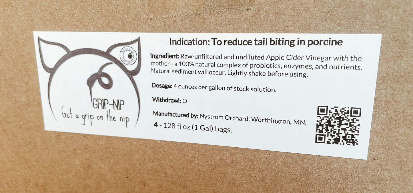 Label for apple cider vinegar for animals. Made in the kitchen of Nystrom Orchard in Worthington Minnesota.