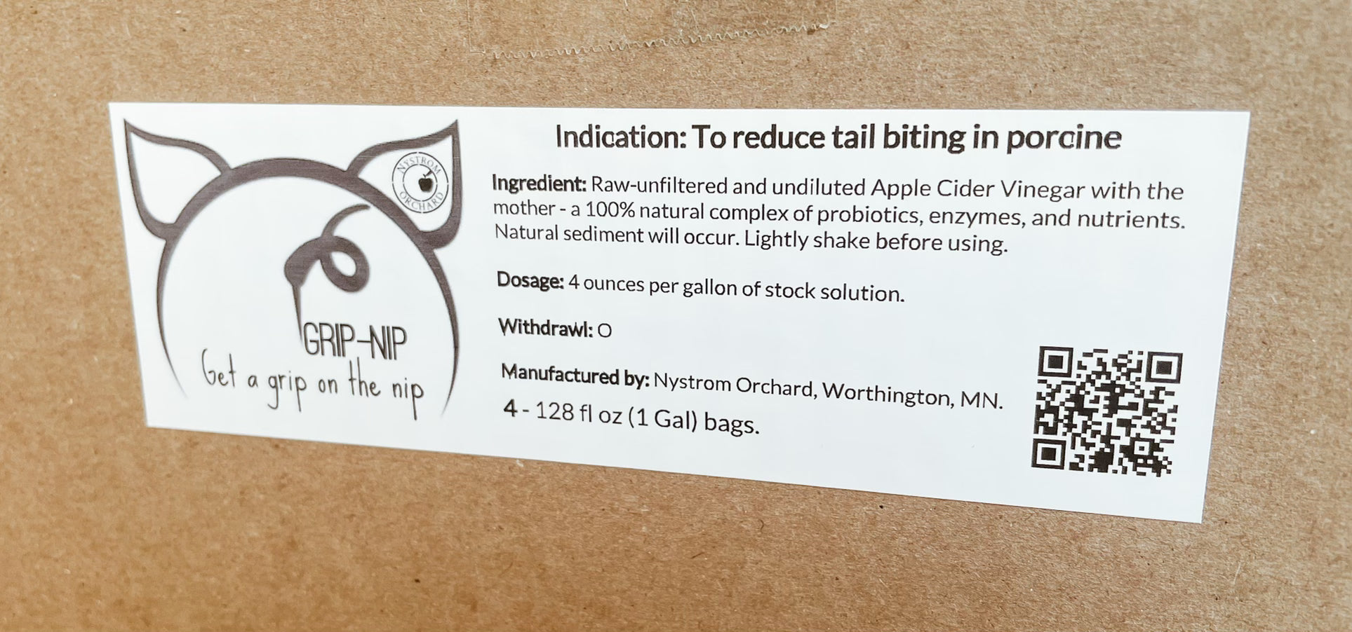 Label for apple cider vinegar for animals. Made in the kitchen of Nystrom Orchard in Worthington Minnesota.