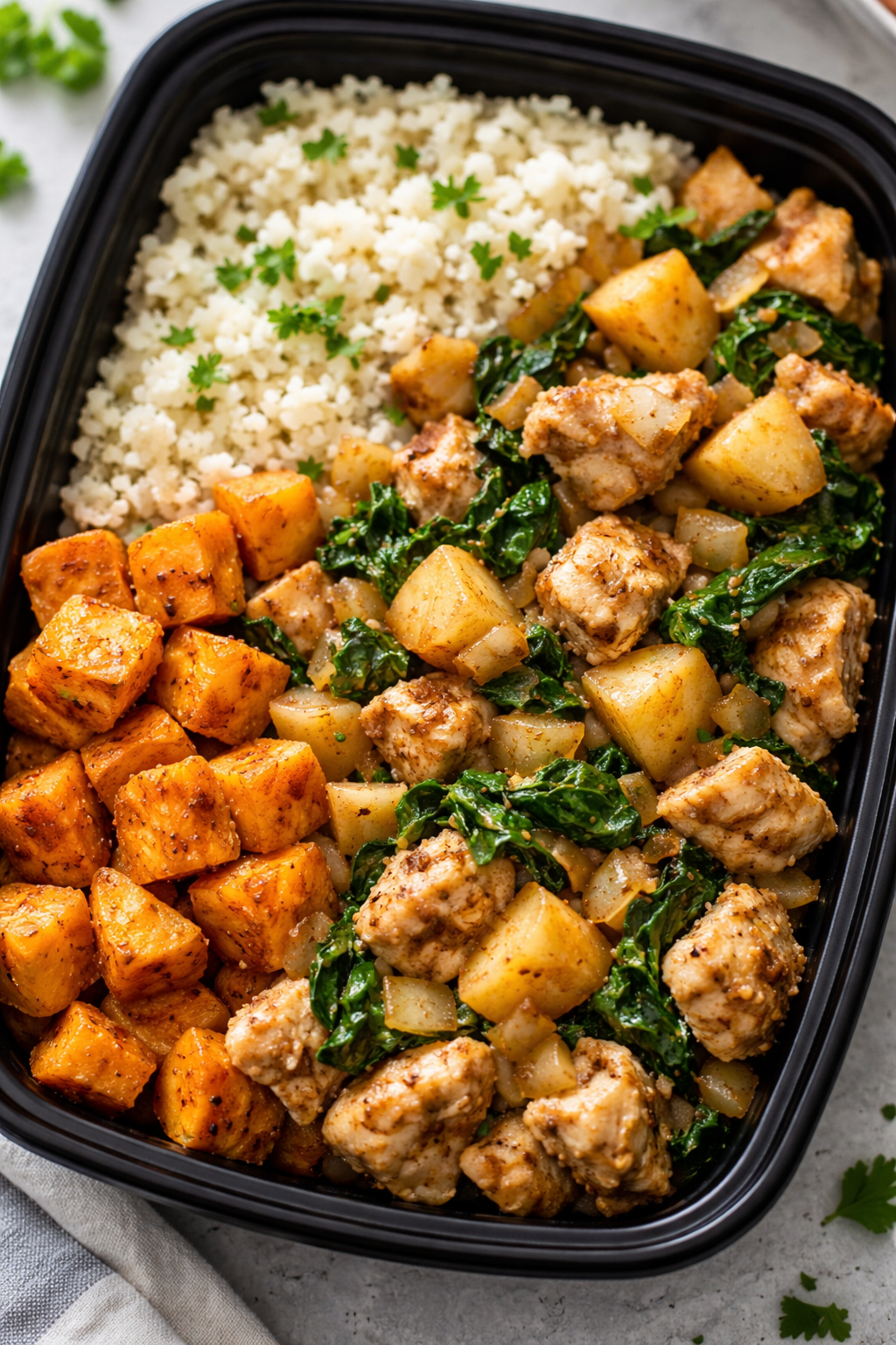 Prepared meal with chicken, sweet potatoes, kale, and cauliflower rice in a black container. Ready to heat and serve. Made by Nystrom Orchard in Worthington Minnesota.