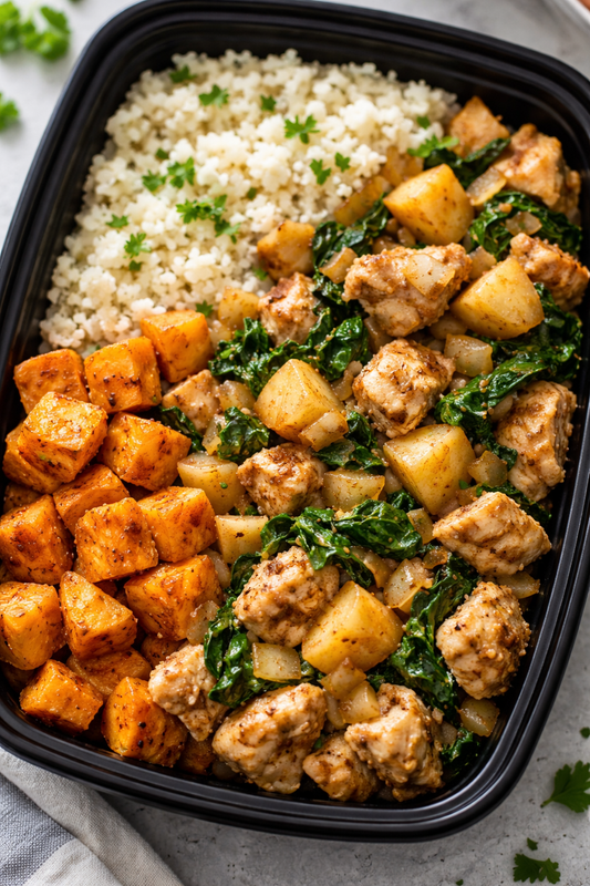 Prepared meal with chicken, sweet potatoes, kale, and cauliflower rice in a black container. Ready to heat and serve. Made by Nystrom Orchard in Worthington Minnesota.