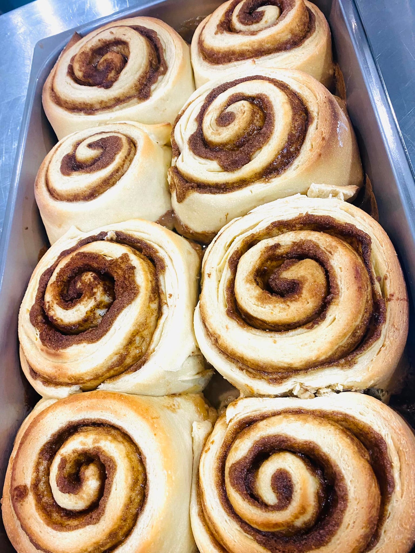 Pan of baked sourdough cinnamon rolls without frosting. on a metal table. Baked in the kitchen of Nystrom Orchard in Worthington Minnesota.