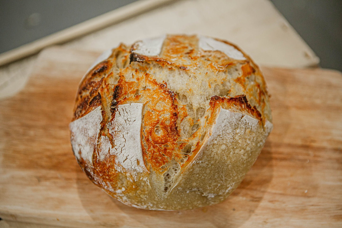 Loaf of Plain rustic sourdough bread on a wooden cutting board. Baked in the kitchen at Nystrom Orchard in Worthington Minnesota.