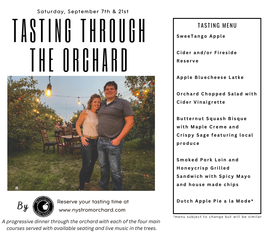 Promotional material for 'Tasting through the Orchard' event featuring a man and a woman smiling, with a menu of food items in the background. Event hosted by Nystrom Orchard in Worthington Minnesota.