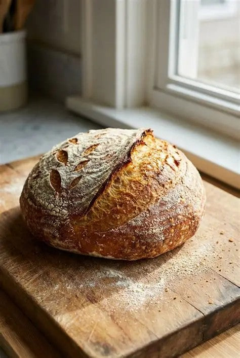 A round artisanal sourdough bread loaf with a golden-brown crust and flour-dusted scoring, resting on a wooden cutting board near a window. Baked in the kitchen of Nystrom Orchard in Worthington Minnesota.