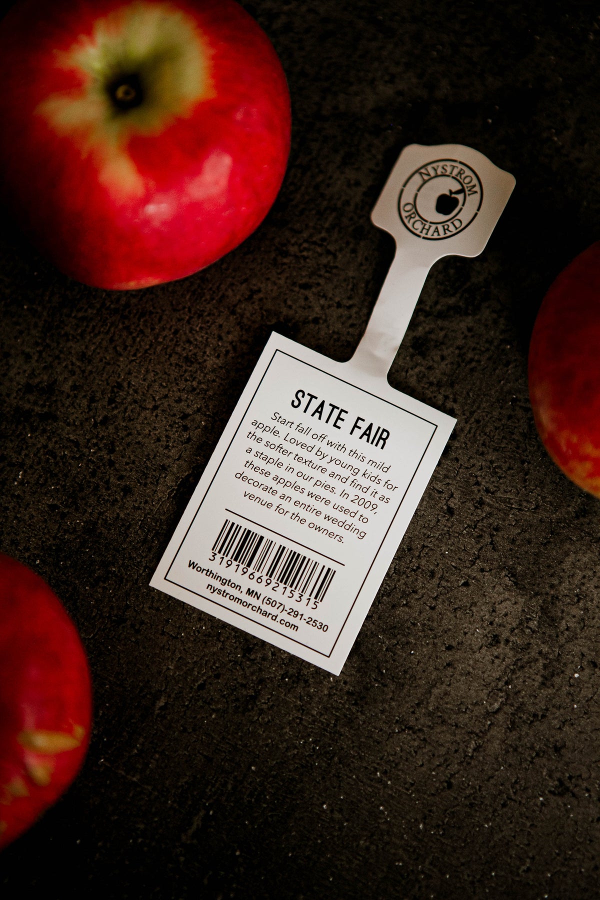 State fair apple tag with red apples beside on a black surface. Picked in Nystrom Orchard in Worthington Minnesota.