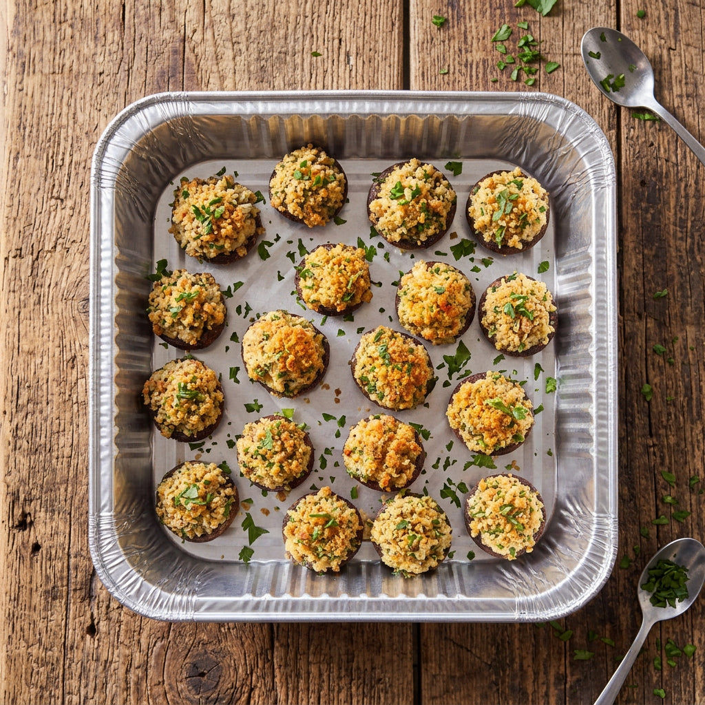Close-up overhead of stuffed mushrooms filled with a golden-brown breadcrumb stuffing and topped with chopped parsley, arranged on a light surface. Made in the kitchen of Nystrom Orchard in Worthington MN. 