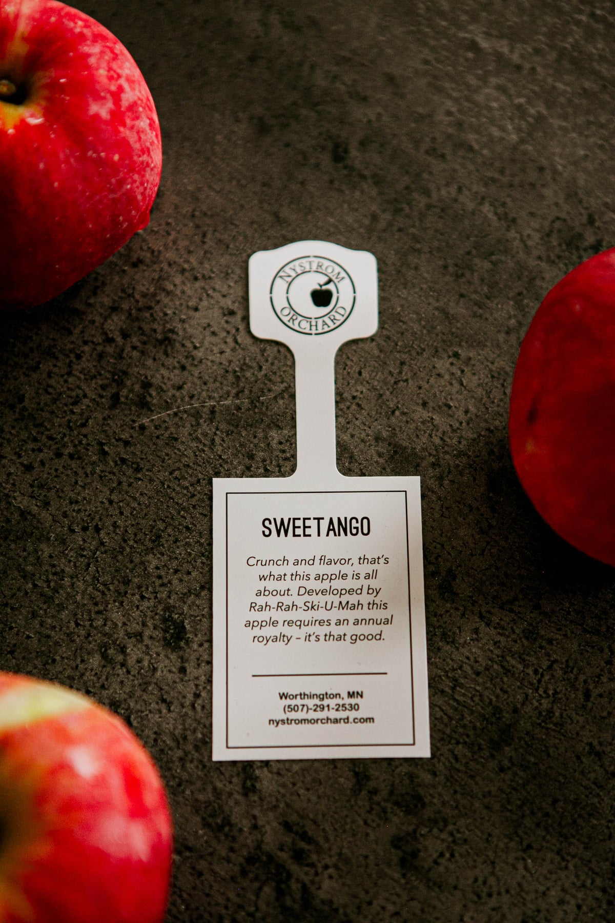 A SweeTango apple with a label, showing the brand name and some information, placed on a dark surface with other apples around. Picked in Nystrom Orchard in Worthington Minnesota.
