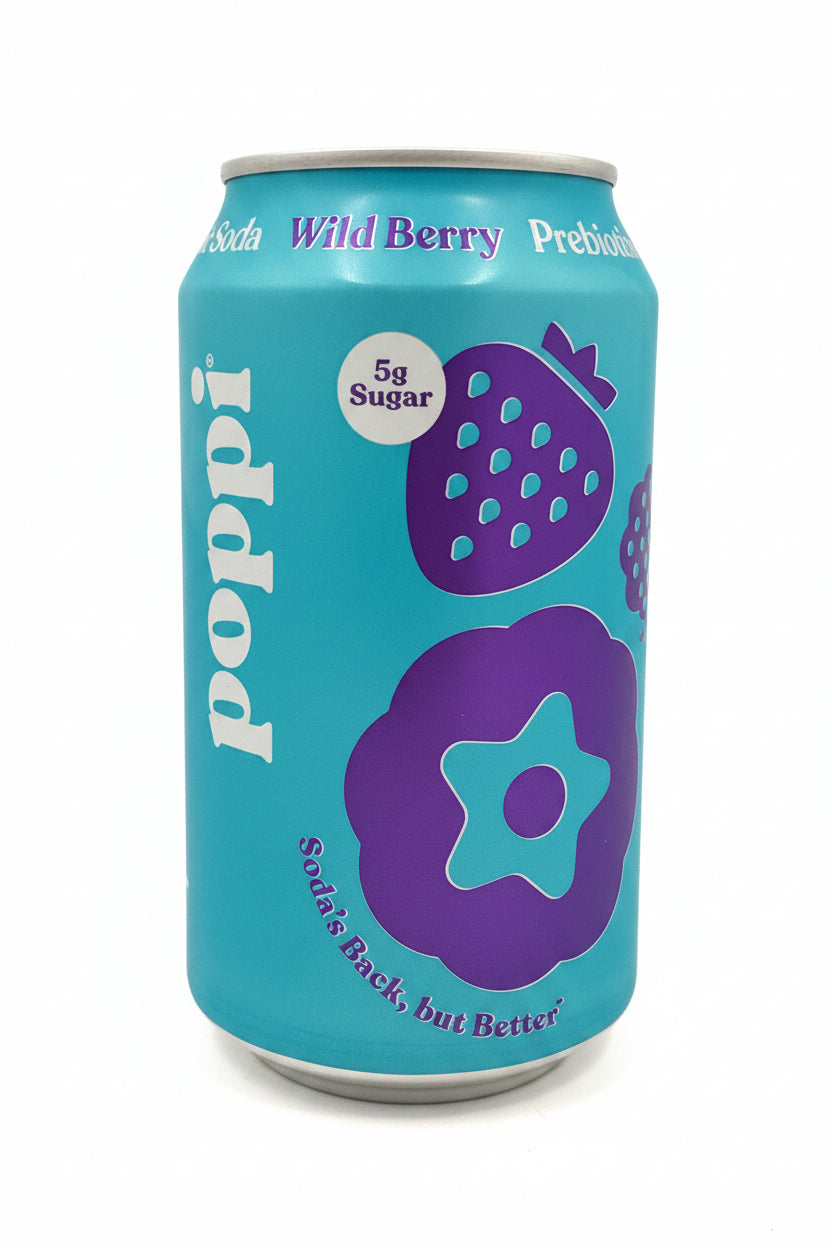 Blue can of Poppi Wild Berry soda on a wooden surface. Sold in the store of Nystrom Orchard in Worthington Minnesota. 