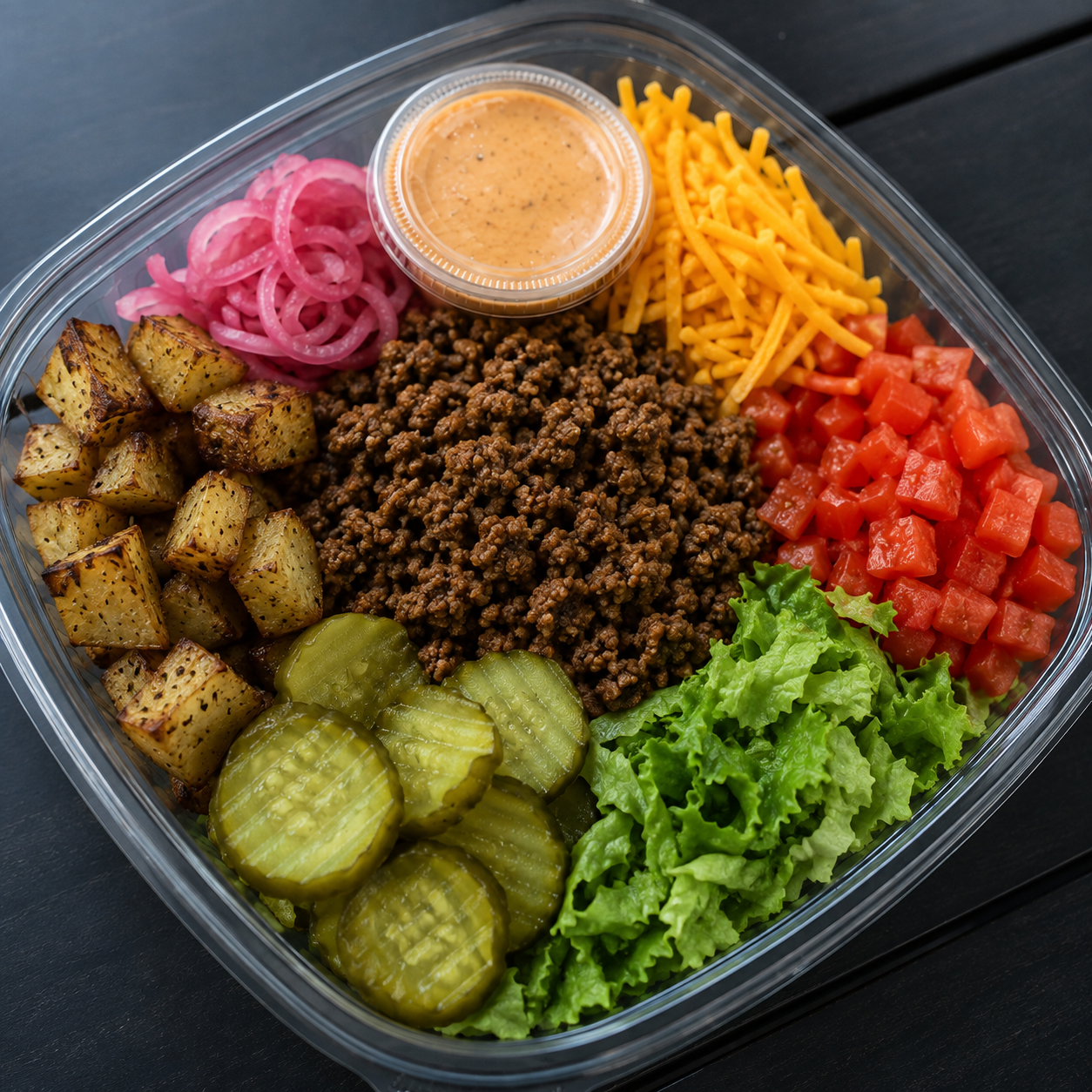 A clear plastic container filled with a prepared food meal, including ground beef, shredded cheddar cheese, diced tomatoes, pickled onions, pickles, lettuce, and a small cup of house made burger sauce, photographed from above on a dark wooden surface. Made in the kitchen of Nystrom Orchard in Worthington Minnesota.