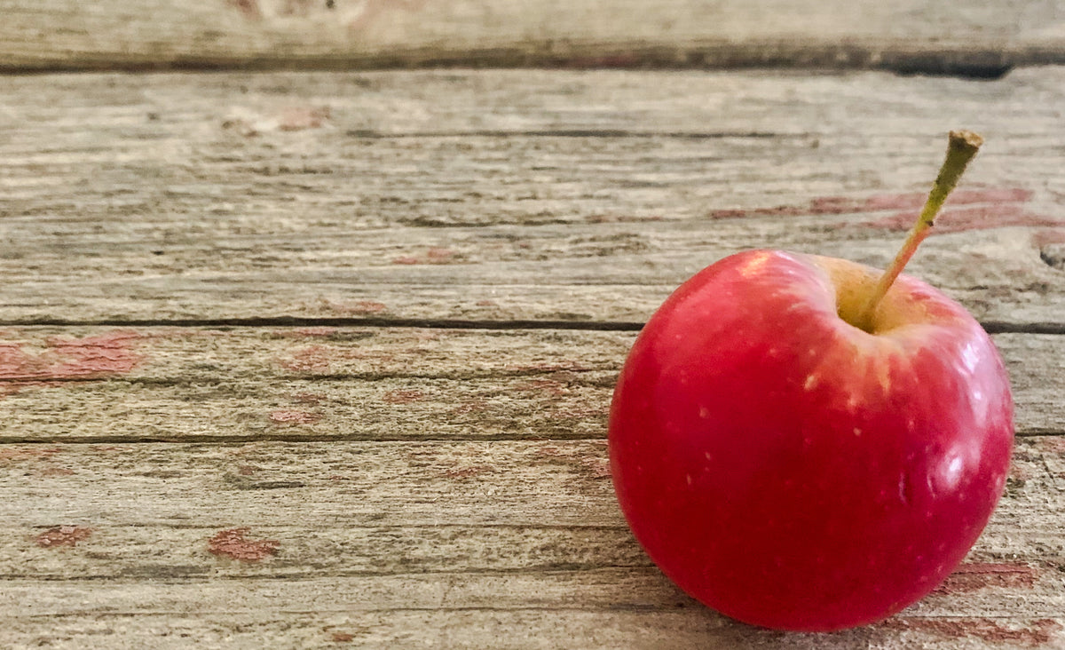 A single red crab apple placed on a wooden surface with a rustic appearance. Picked in Nystrom Orchard in Worthington Minnesota.